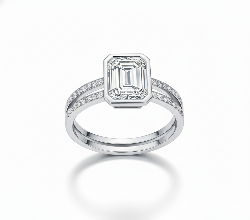 Emerald-Cut Diamond Double Band Engagement Ring