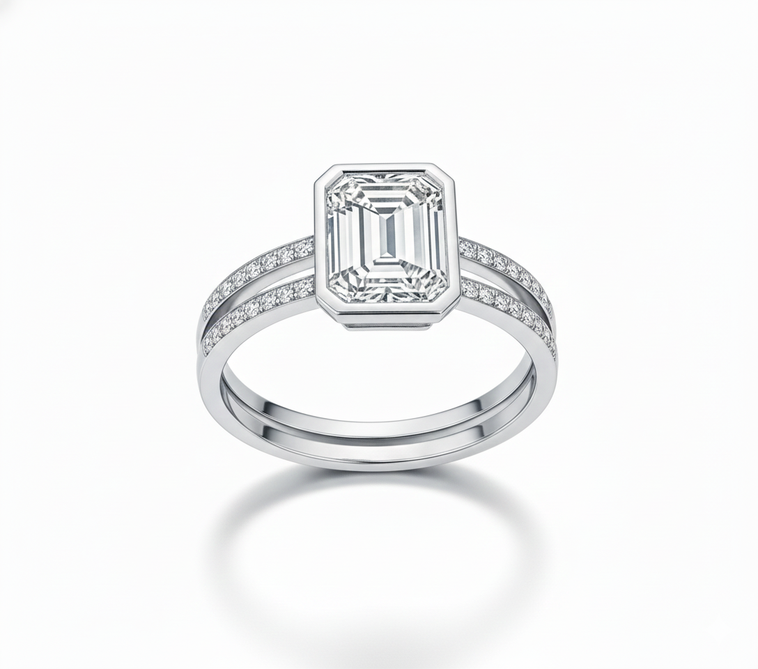 Emerald-Cut Diamond Double Band Engagement Ring