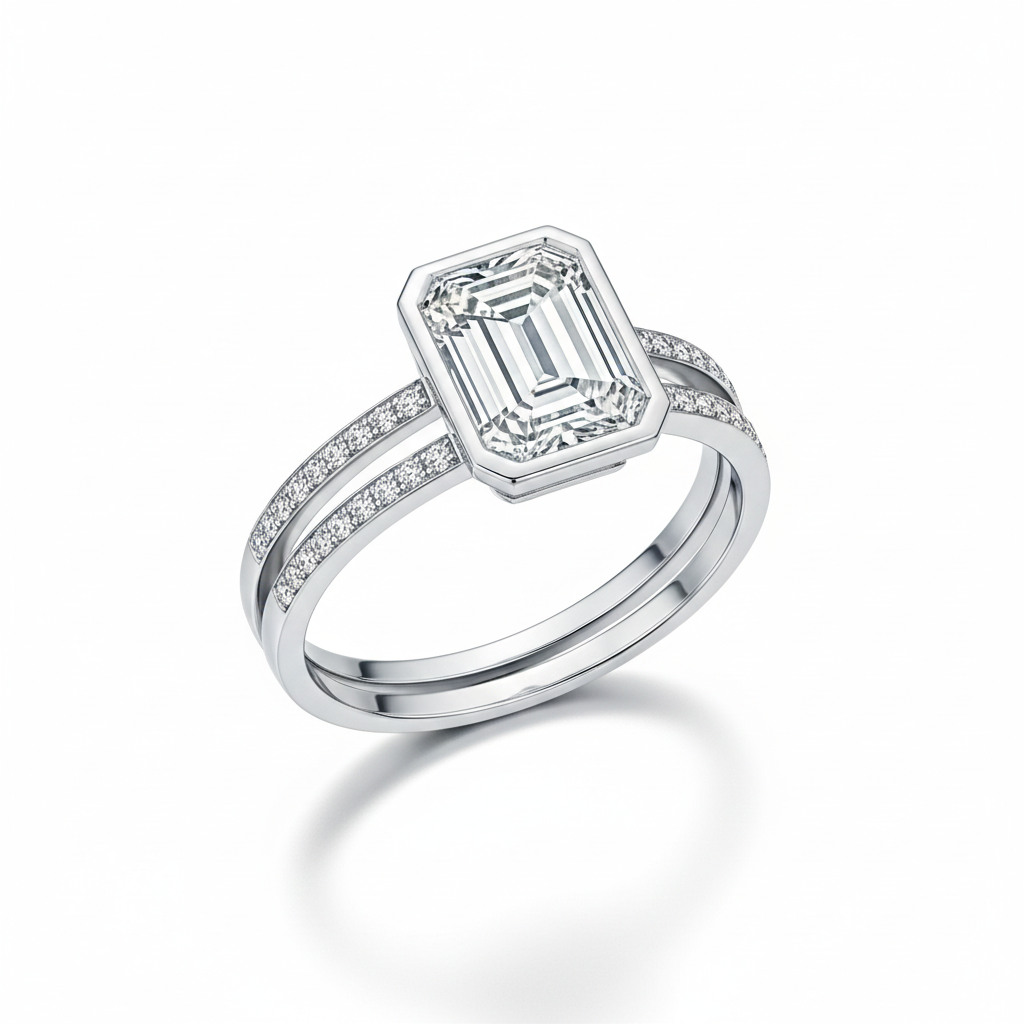 Emerald-Cut Diamond Double Band Engagement Ring